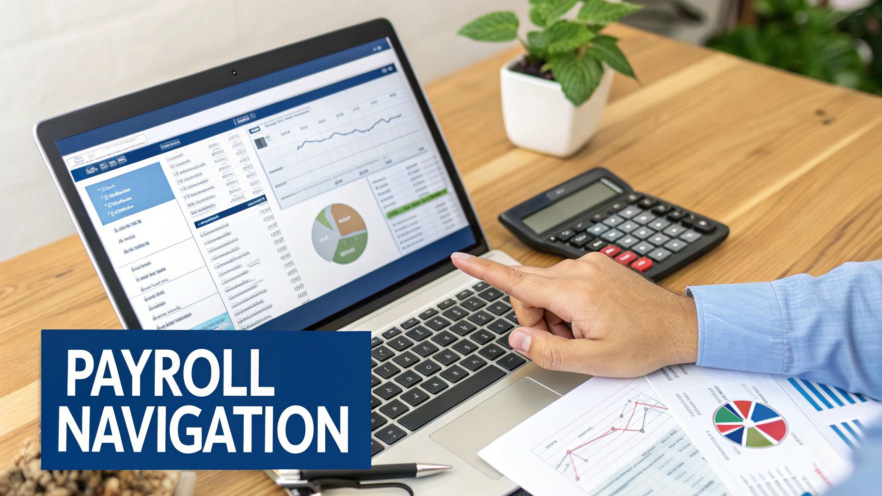 A person's hand points at a laptop displaying payroll data and financial charts on a wooden desk.