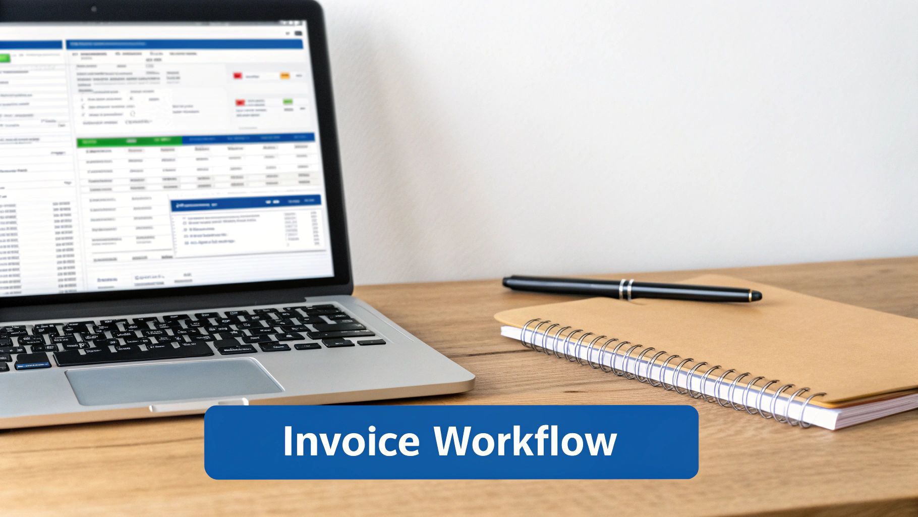 A laptop displays an invoice management system on a wooden desk with a pen and notebook, labeled 'Invoice Workflow'.