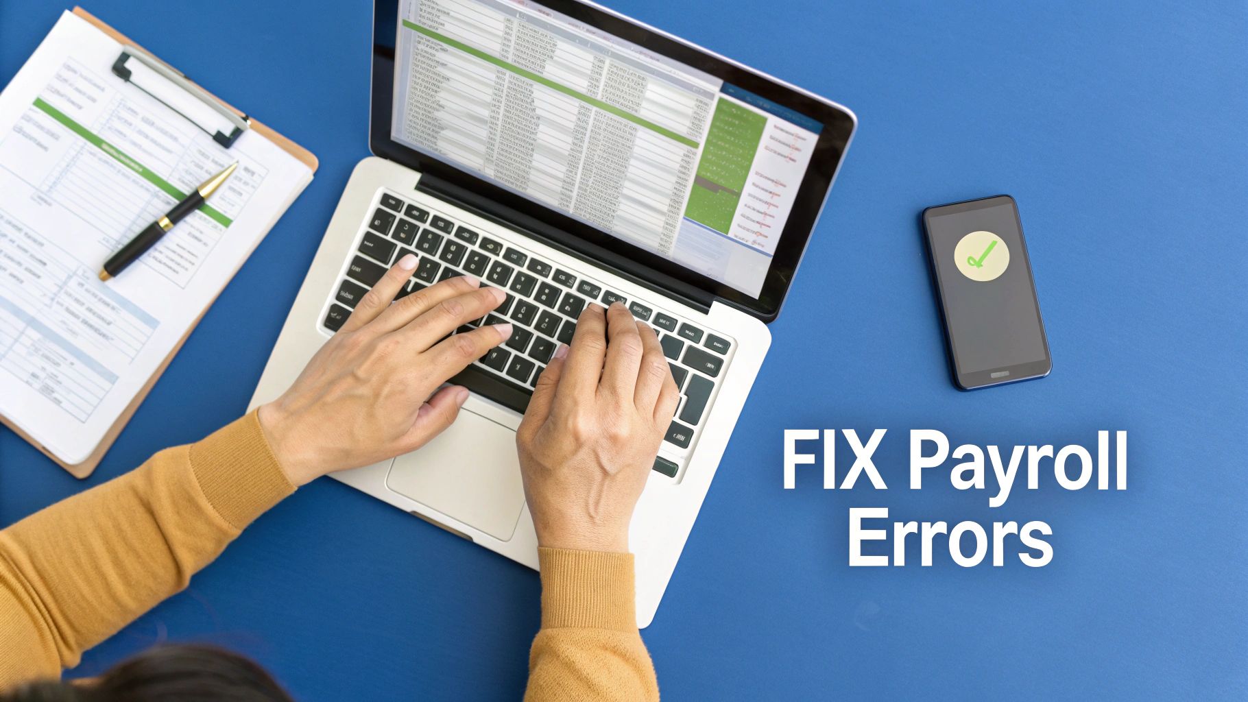 Person fixing payroll errors on a laptop with financial data, a clipboard, and a smartphone showing a checkmark.
