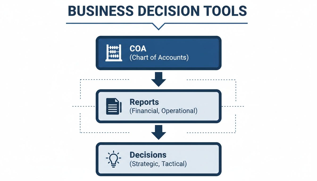 Flowchart illustrating business decision tools: Chart of Accounts leads to Reports, enabling informed Strategic and Tactical Decisions.
