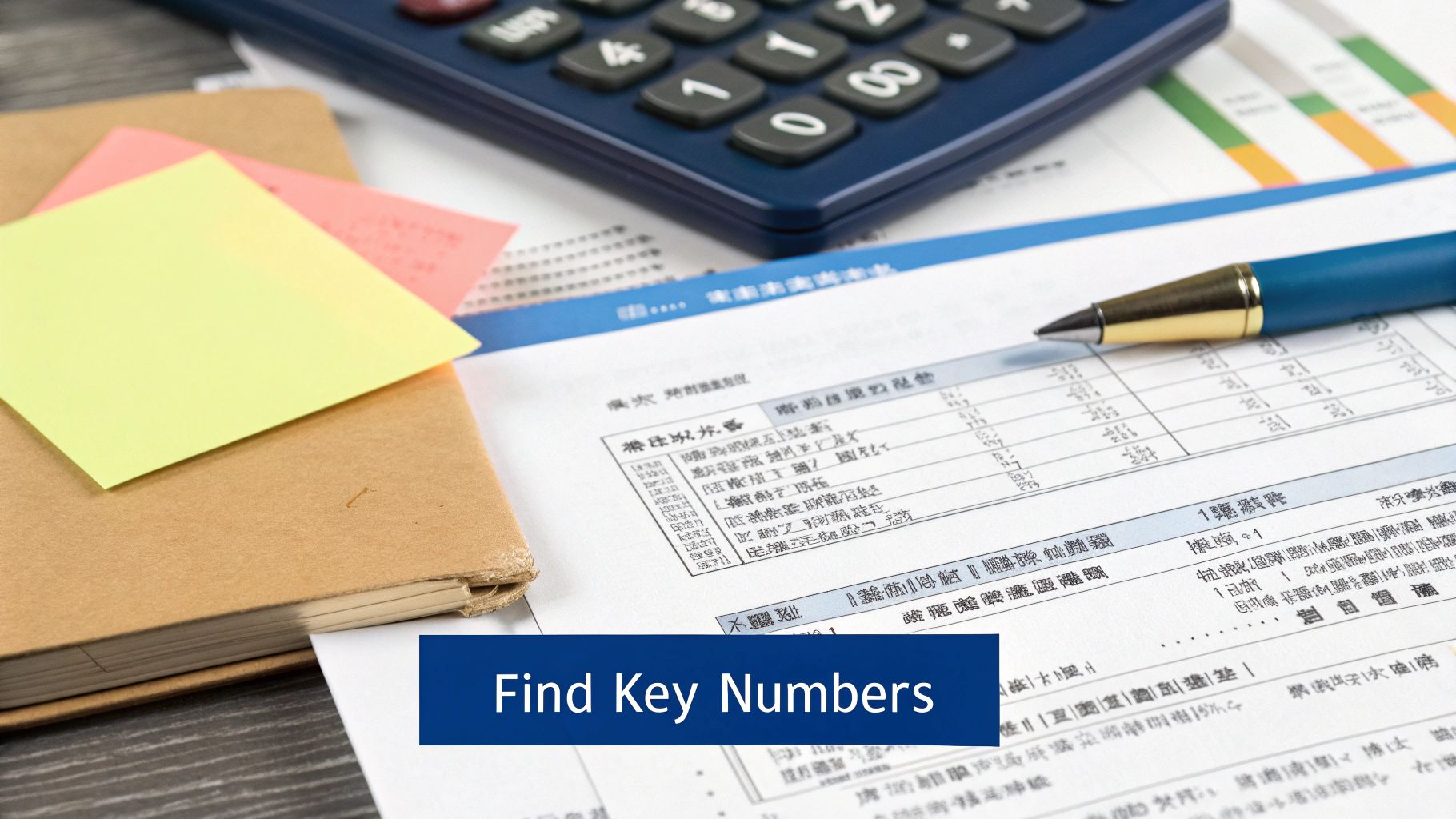 Financial documents, calculator, pen, and sticky notes on a desk, representing business analysis.