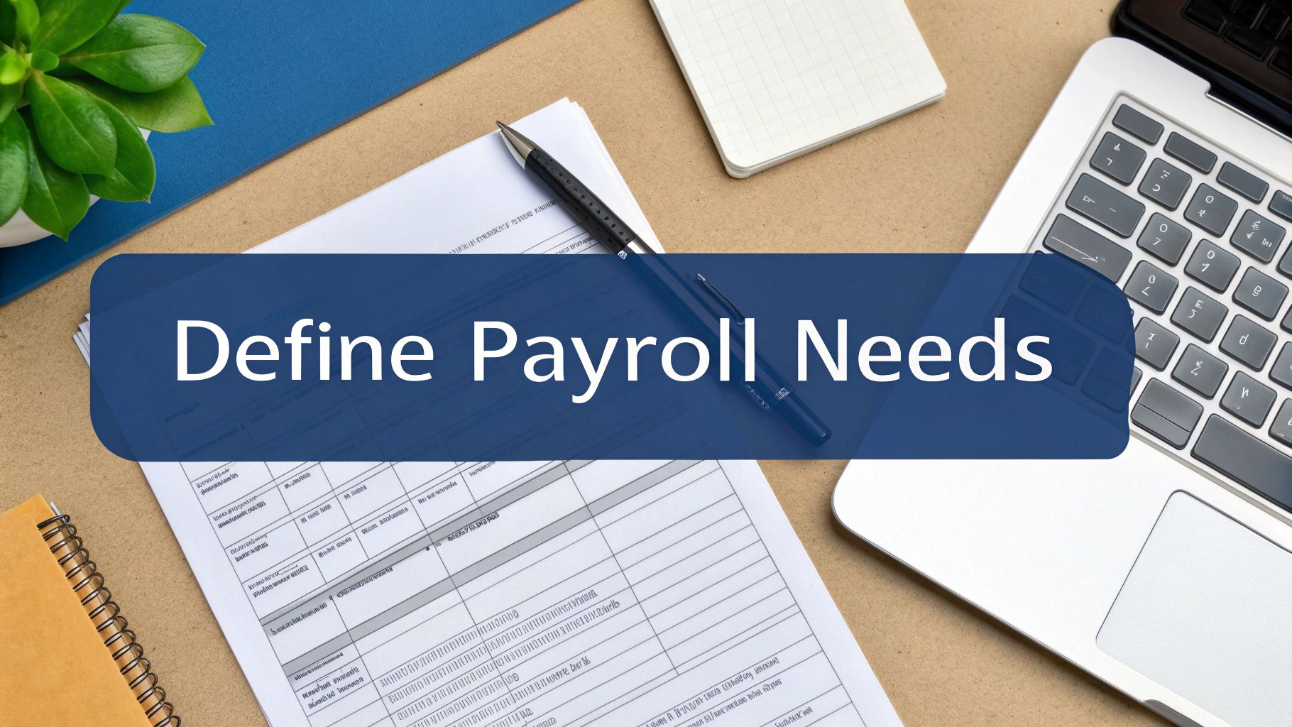 Desk flatlay with a laptop, plant, and documents, featuring text 'Define Payroll Needs' on a blue banner.