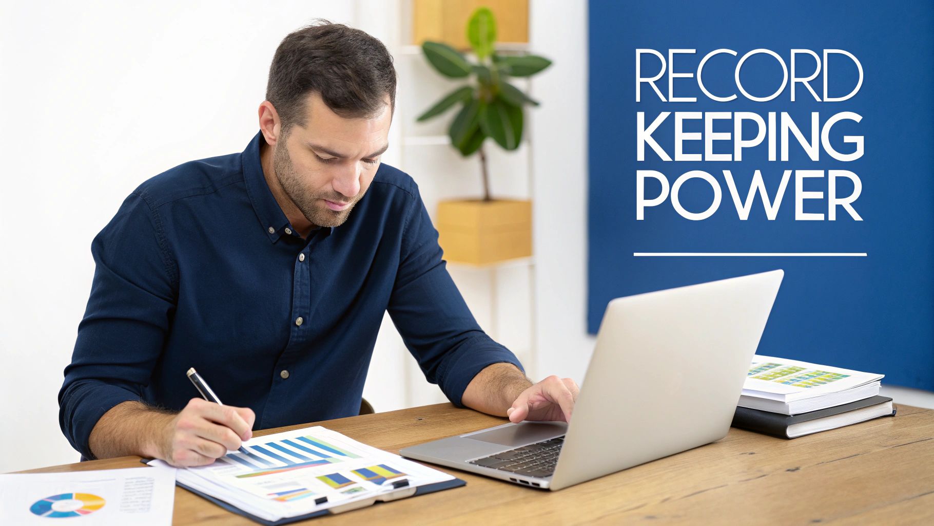 A man in a blue shirt analyzes data on charts and a laptop at a desk, with "RECORD KEEPING POWER" text.