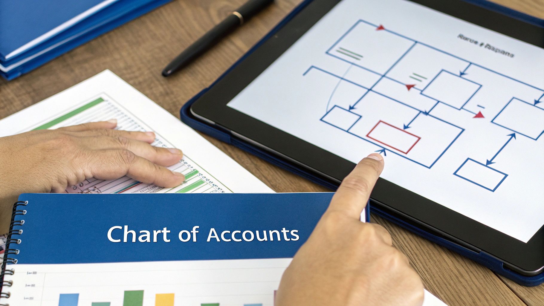 A person's hand points at a digital flowchart on a tablet next to a 'Chart of Accounts' binder and financial documents on a wooden desk.