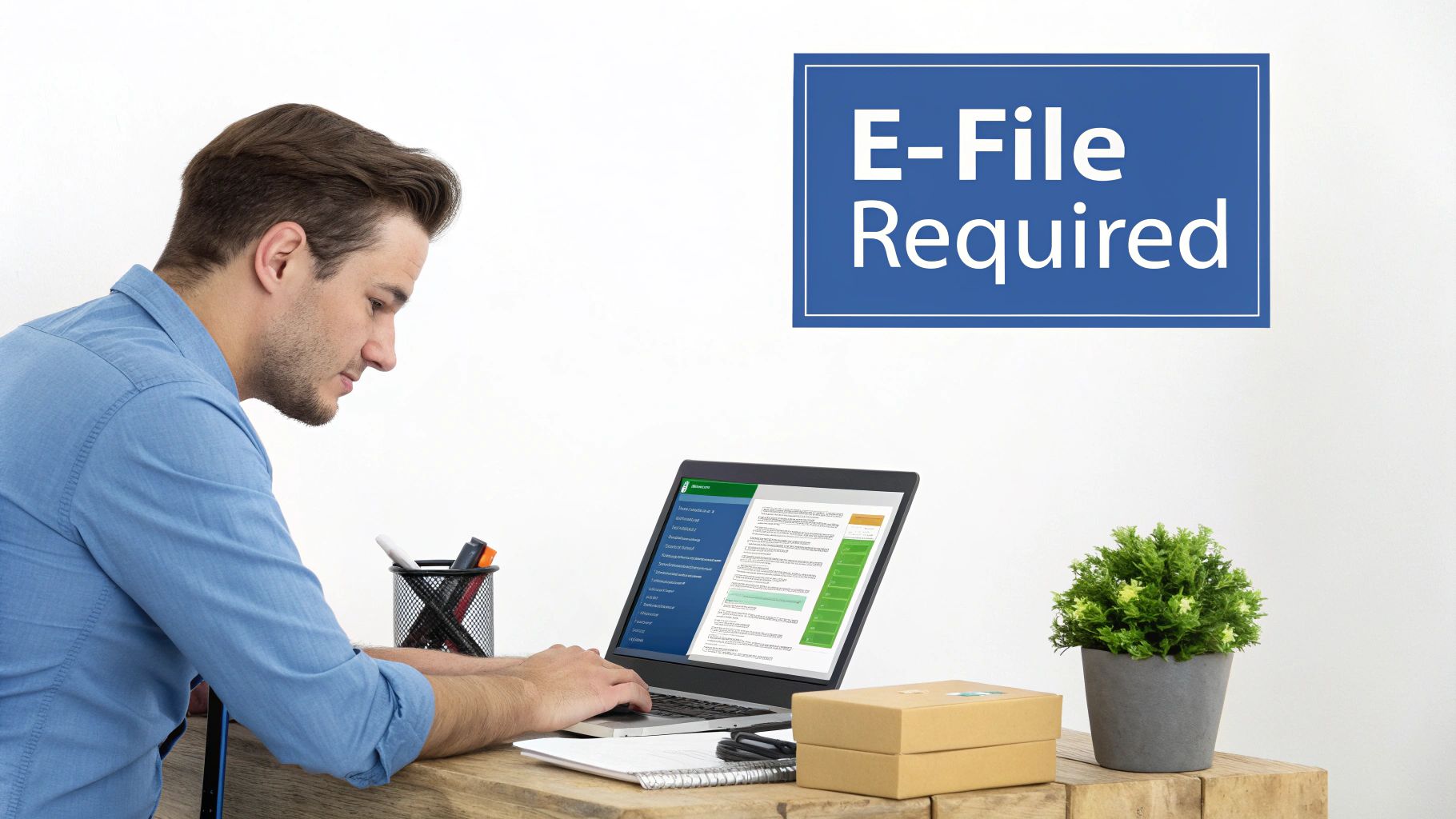 A man electronically filing documents on a laptop, with an "E-File Required" sign visible.