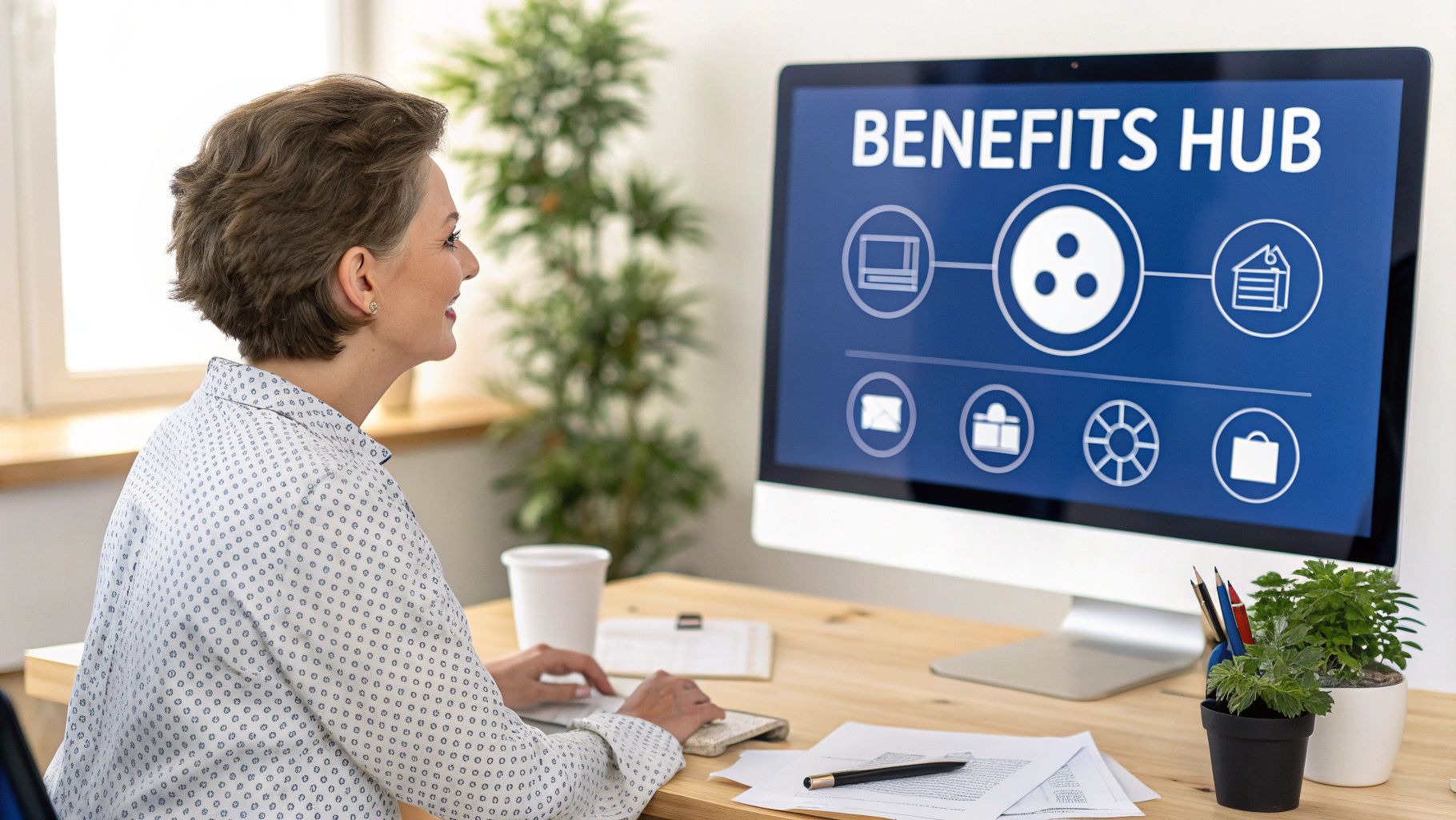 A smiling woman reviews employee benefits on a computer screen displaying "BENEFITS HUB" at her desk.