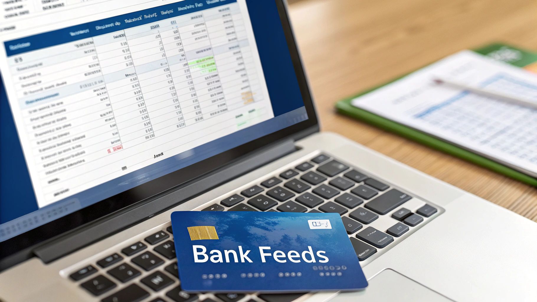 A laptop displaying a financial spreadsheet, with a 'Bank Feeds' card resting on its keyboard.