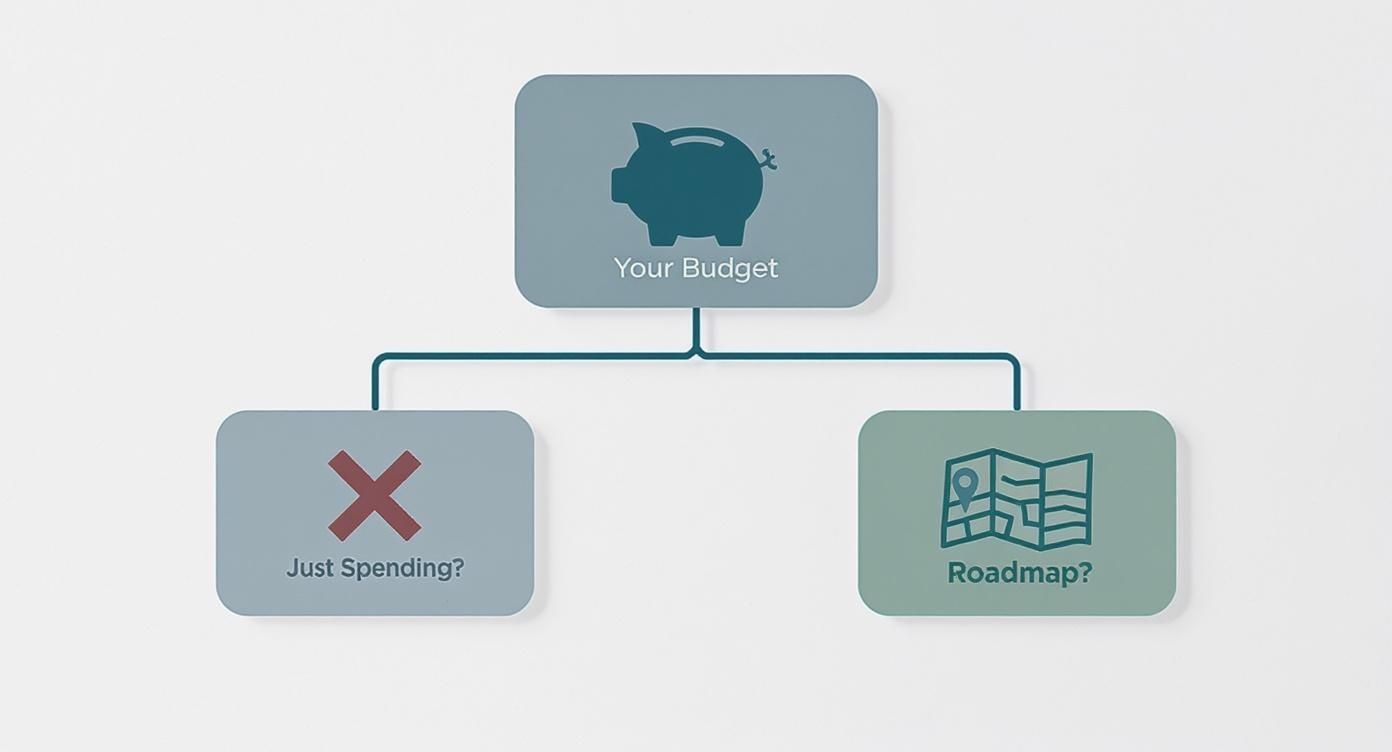 Flowchart illustrating budget choices: just spending (bad) versus having a financial roadmap (good).