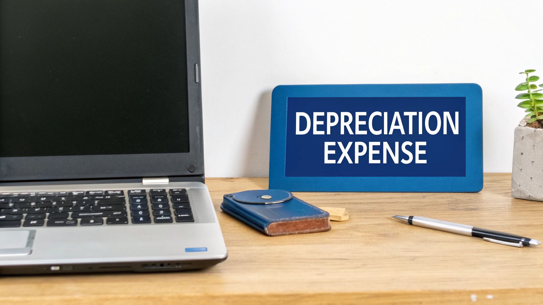 A desk with a laptop, a pen, a plant, and a blue sign displaying 'DEPRECIATION EXPENSE'.