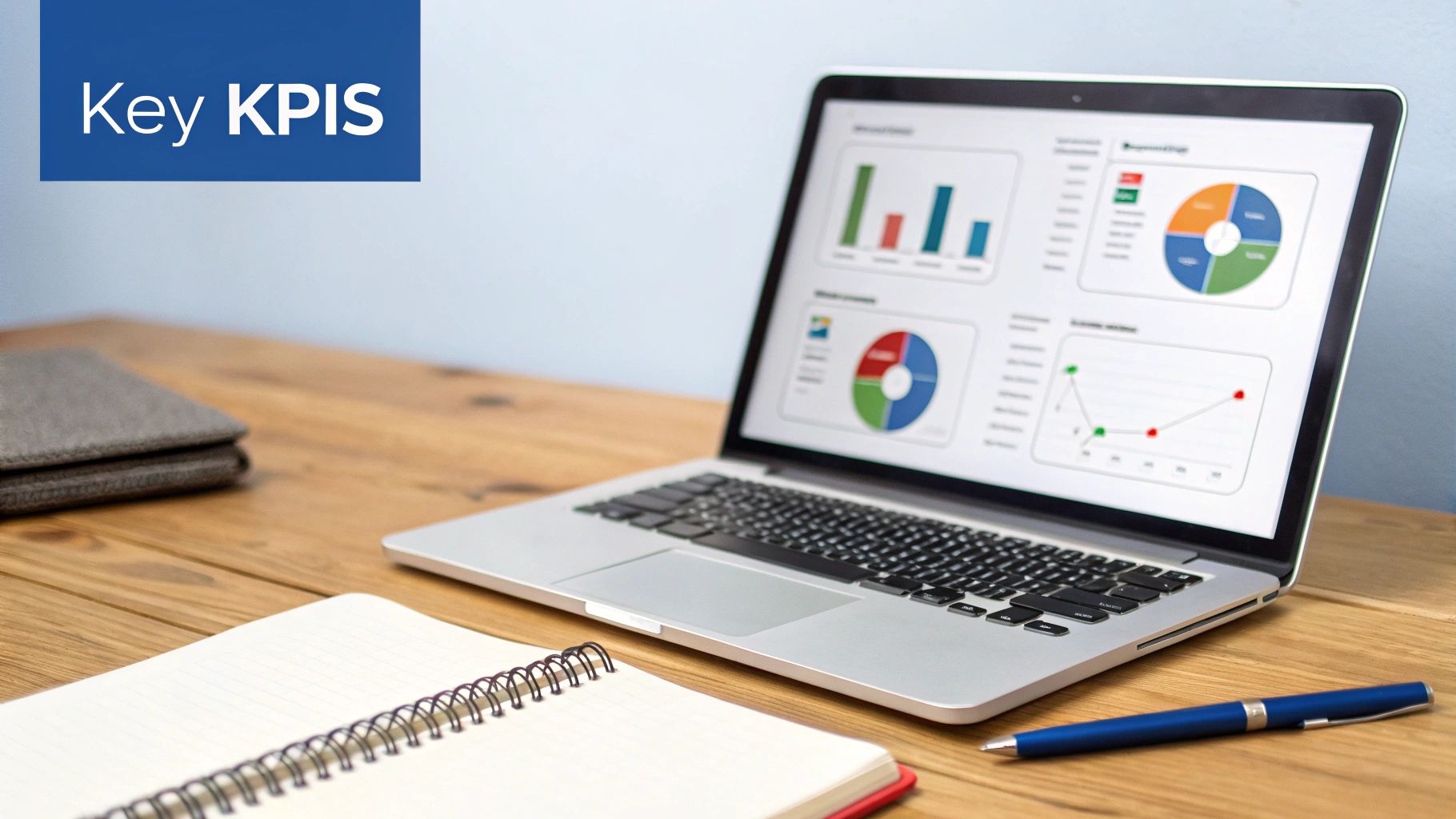Laptop on a wooden desk displaying a business dashboard with various KPI charts and graphs.