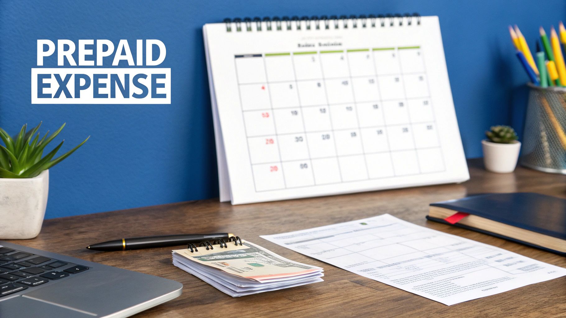 A desk with a laptop, money, papers, and a calendar, featuring 'PREPAID EXPENSE' on the wall.