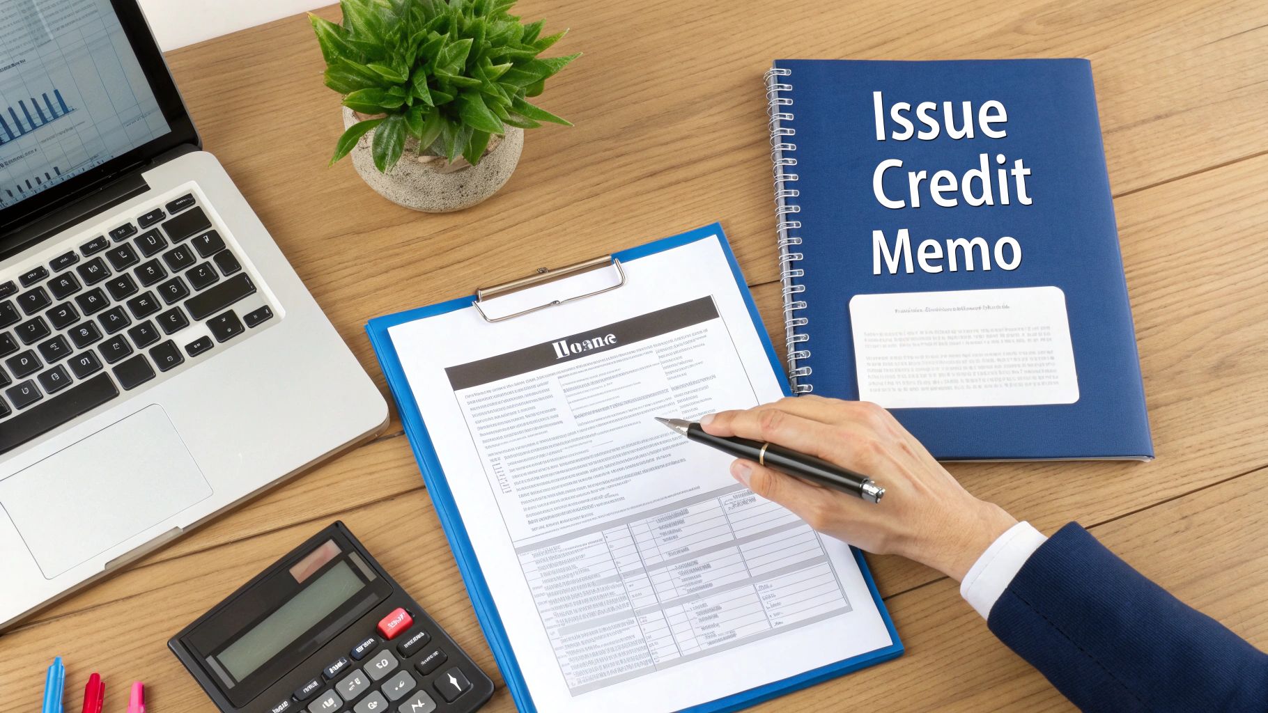 Business professional reviewing credit memo document on desk with laptop and calculator
