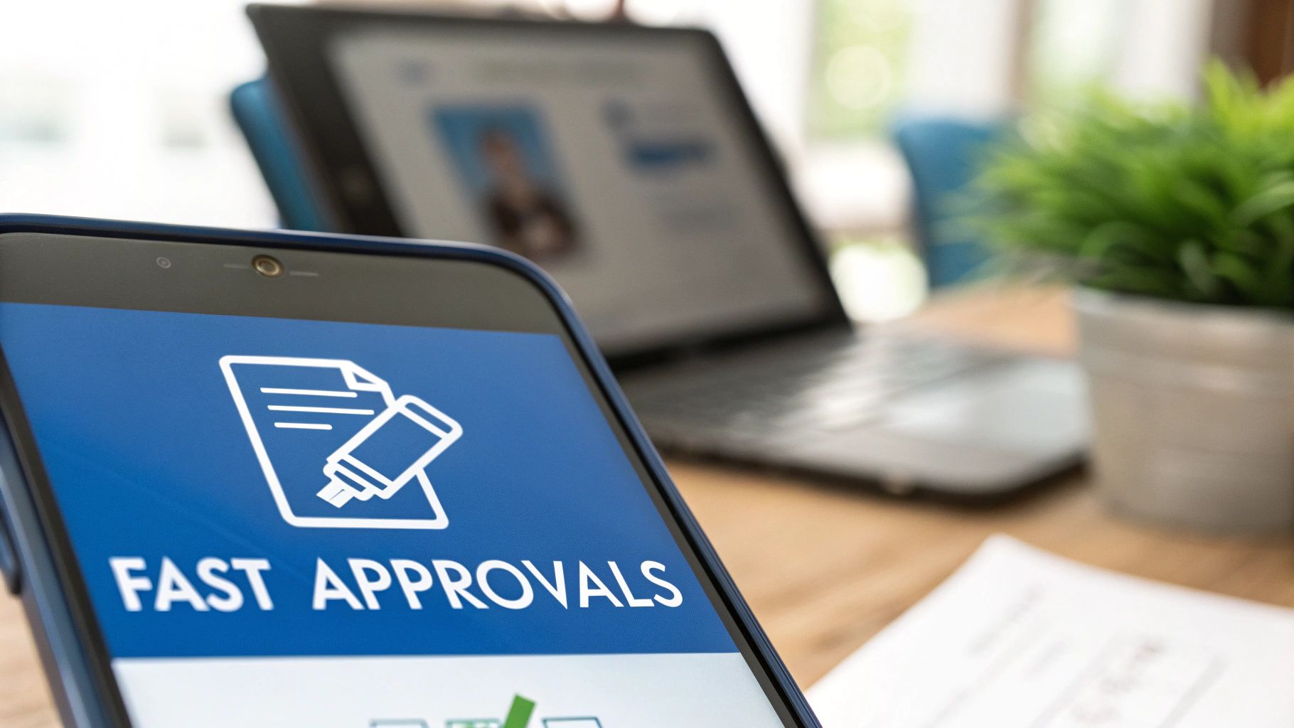 Mobile phone displaying fast approvals app with document icon on office desk workspace