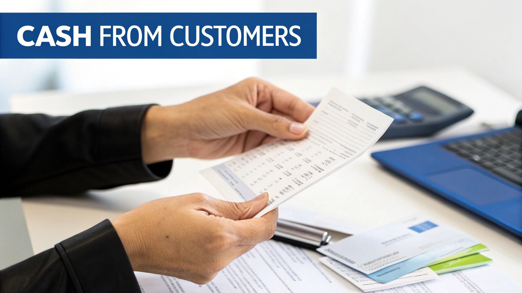 Hands reviewing a cash from customers statement, with a calculator and laptop on a white desk.
