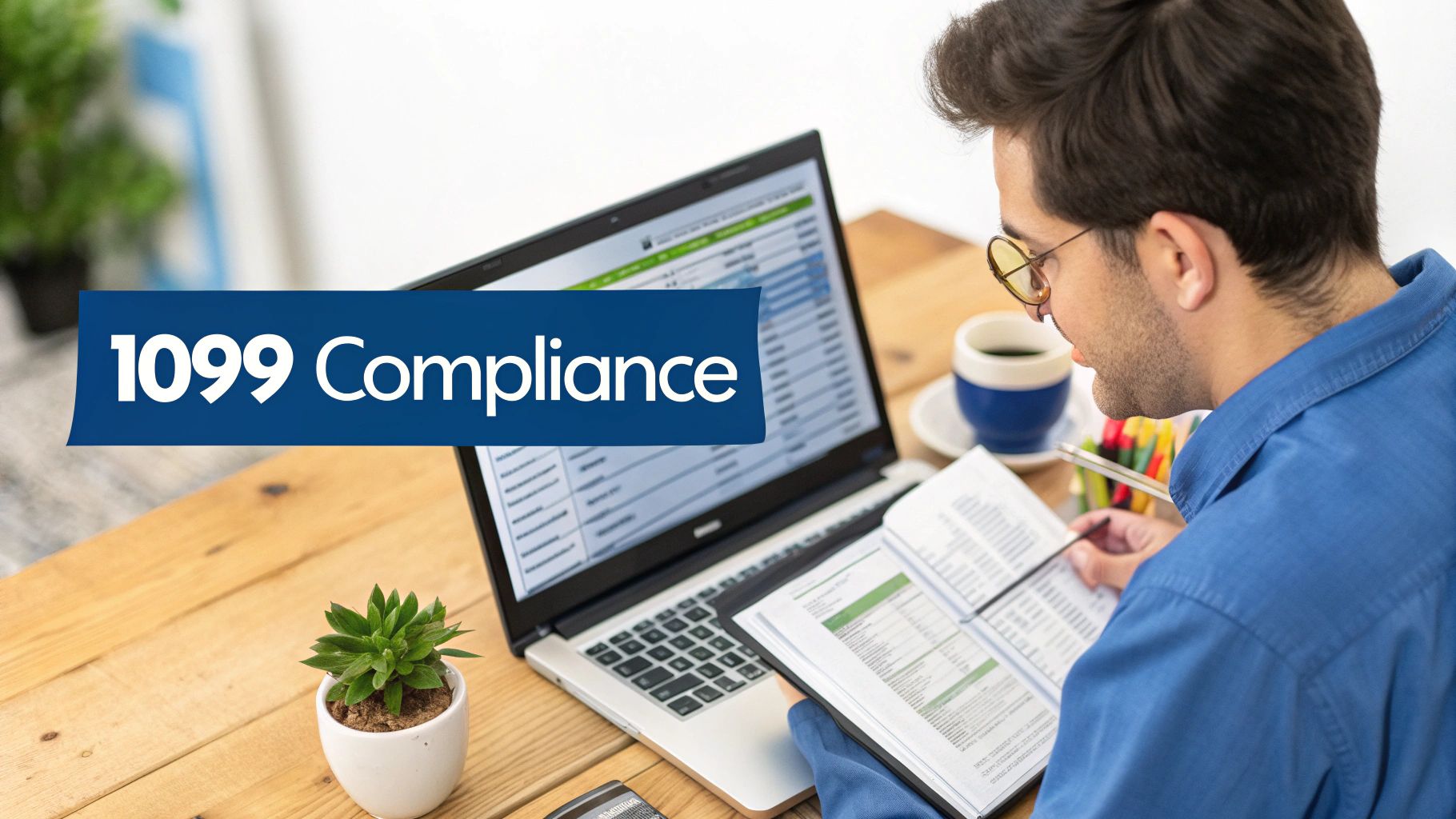 A man reviews documents and a laptop, with a banner stating '1099 Compliance', at a wooden desk.