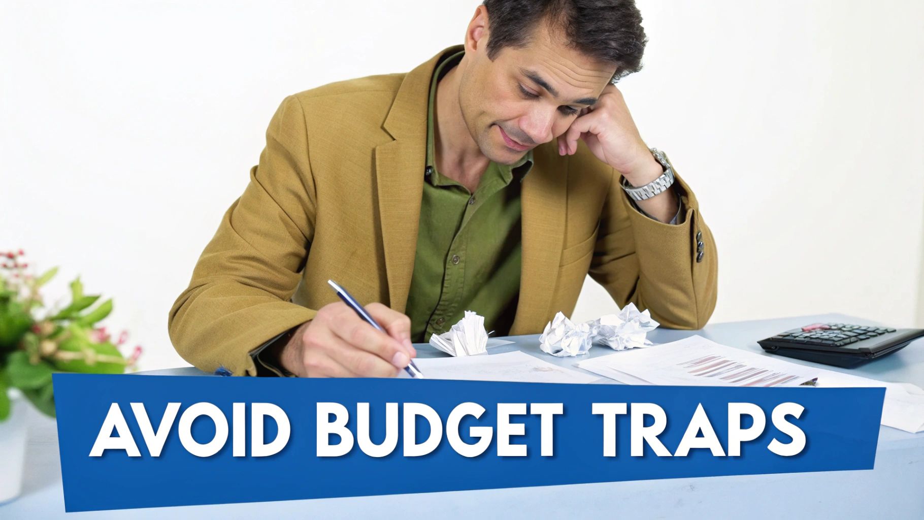 A man works on a budget, surrounded by crumpled papers and a calculator, with text 'AVOID BUDGET TRAPS'.