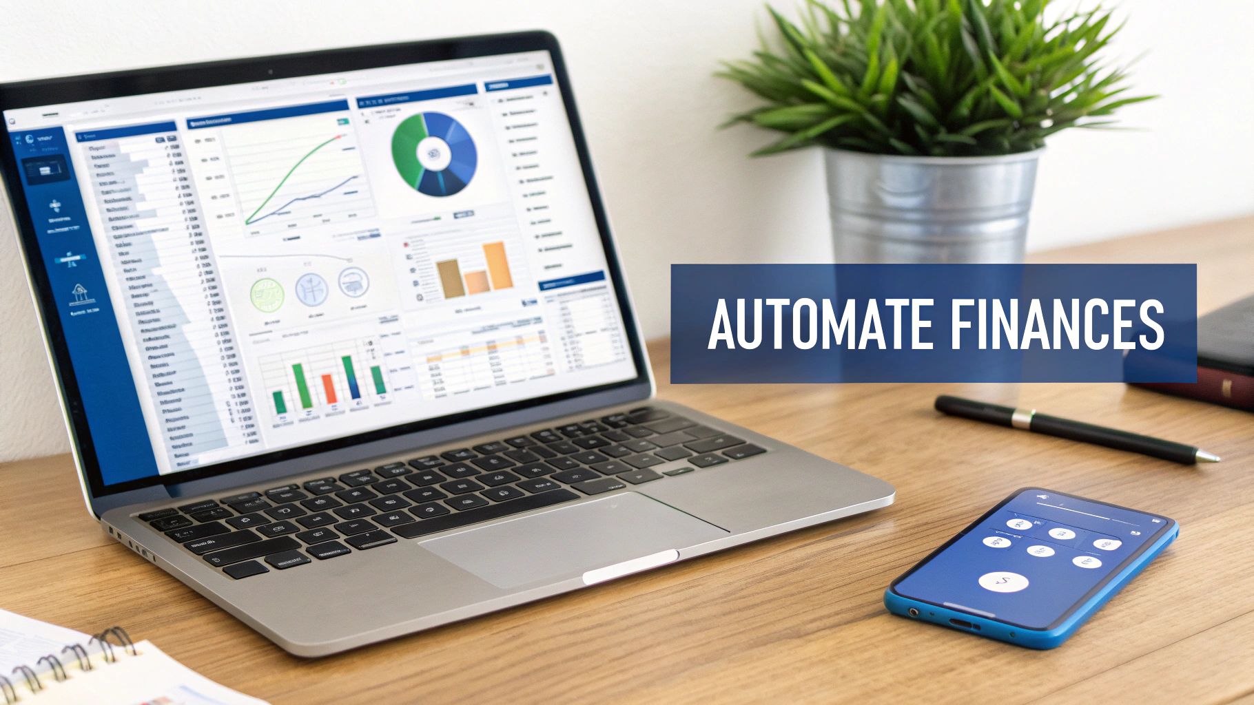 A laptop displaying financial charts and graphs, a smartphone with a finance app, and a pen on a wooden desk, emphasizing automated finances.