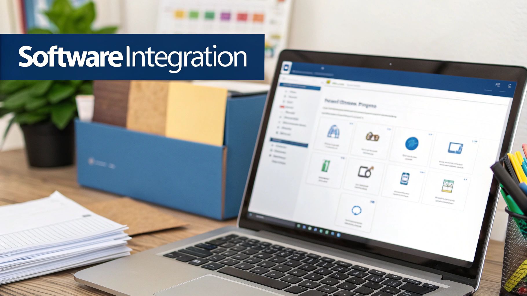 Laptop displaying a software integration interface with icons on a desk with office supplies.