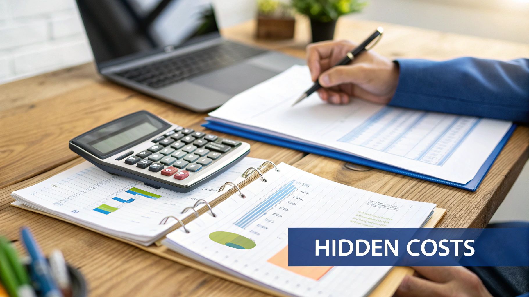 A person calculates hidden costs, analyzing financial documents with a calculator and laptop on a wooden desk.