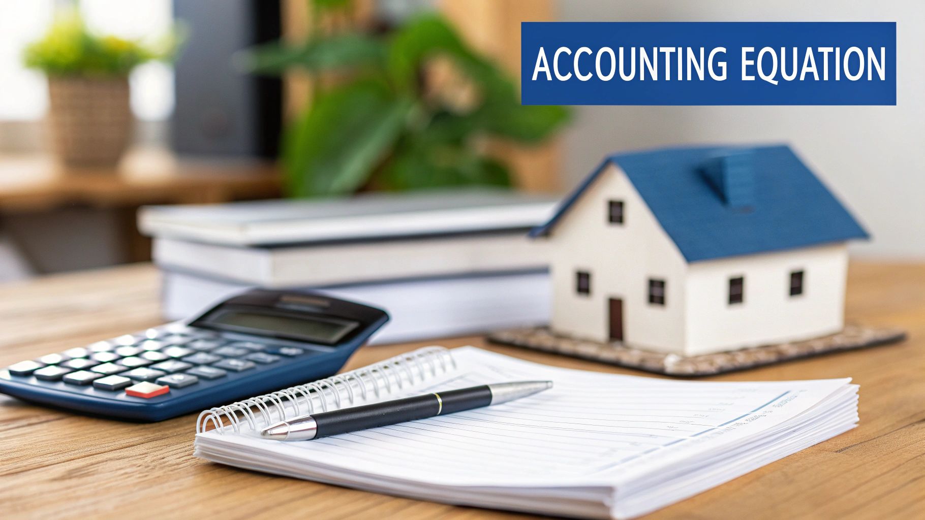 Desk with a calculator, notebook, pen, books, and a model house, featuring a banner 'ACCOUNTING EQUATION'.