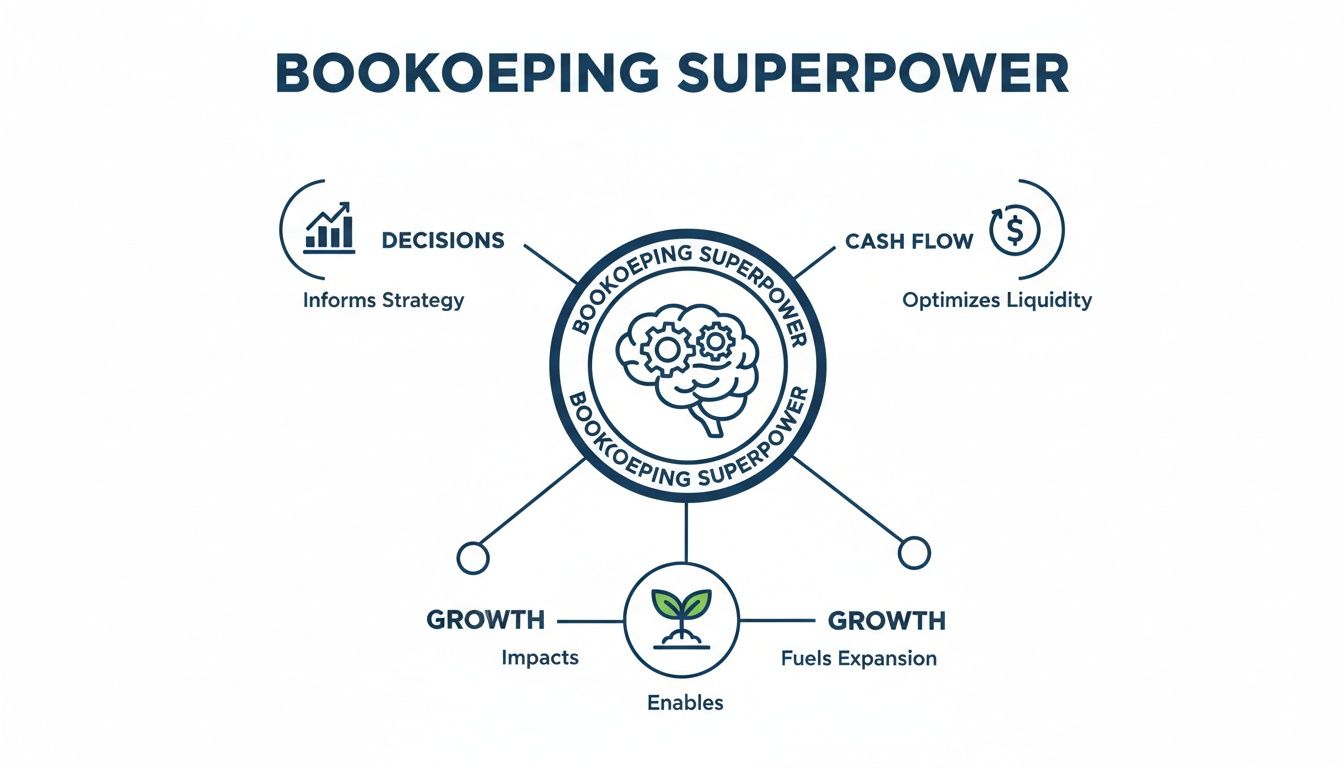 Diagram illustrating bookkeeping superpower benefits: informing strategy, optimizing cash flow, and enabling business growth.