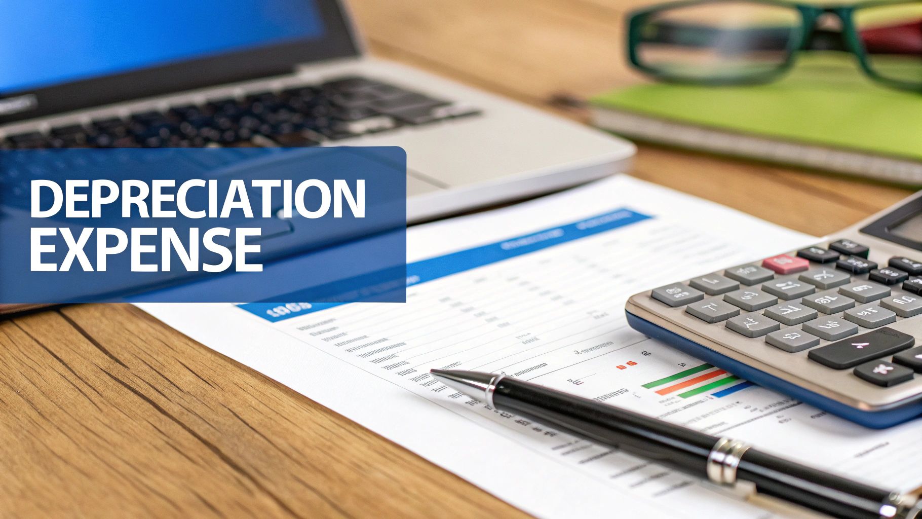 A desk setup with a laptop, calculator, pen, and financial document, featuring 'DEPRECIATION EXPENSE' text.