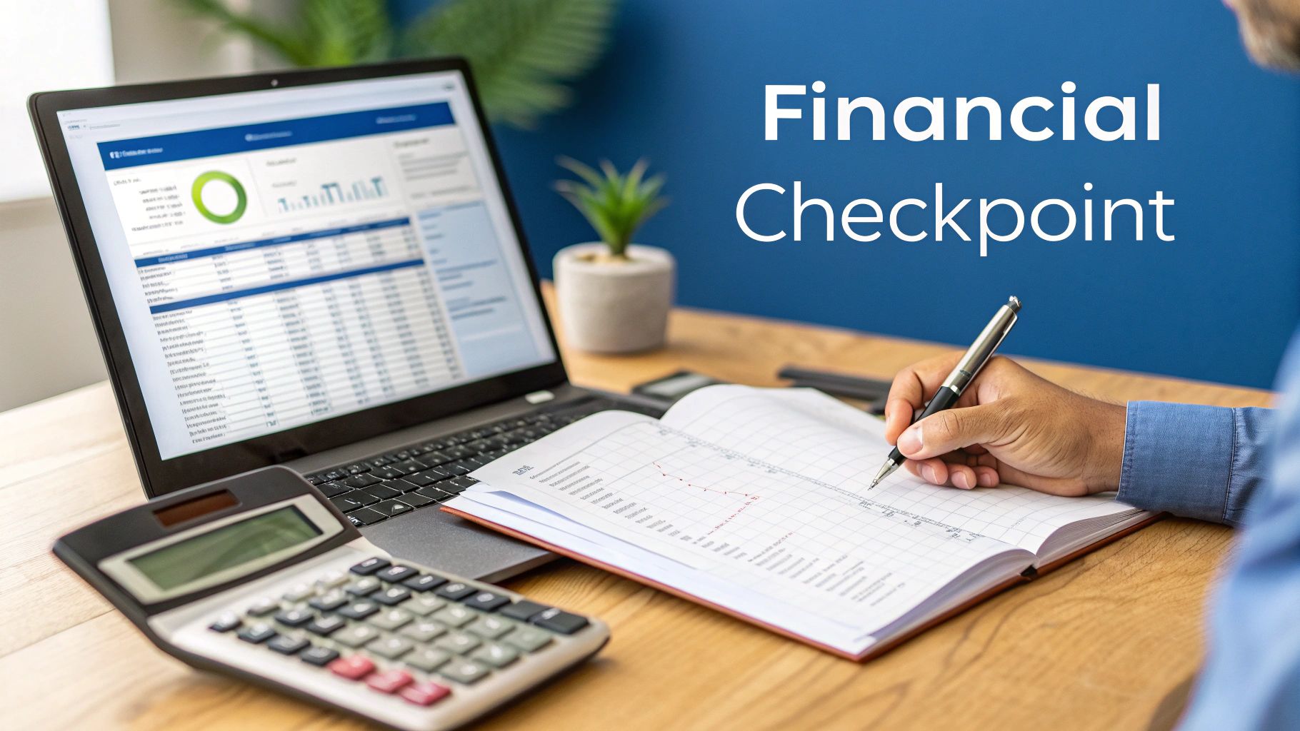 A person reviewing a financial document at a desk, symbolizing the checkpoint nature of a trial balance.