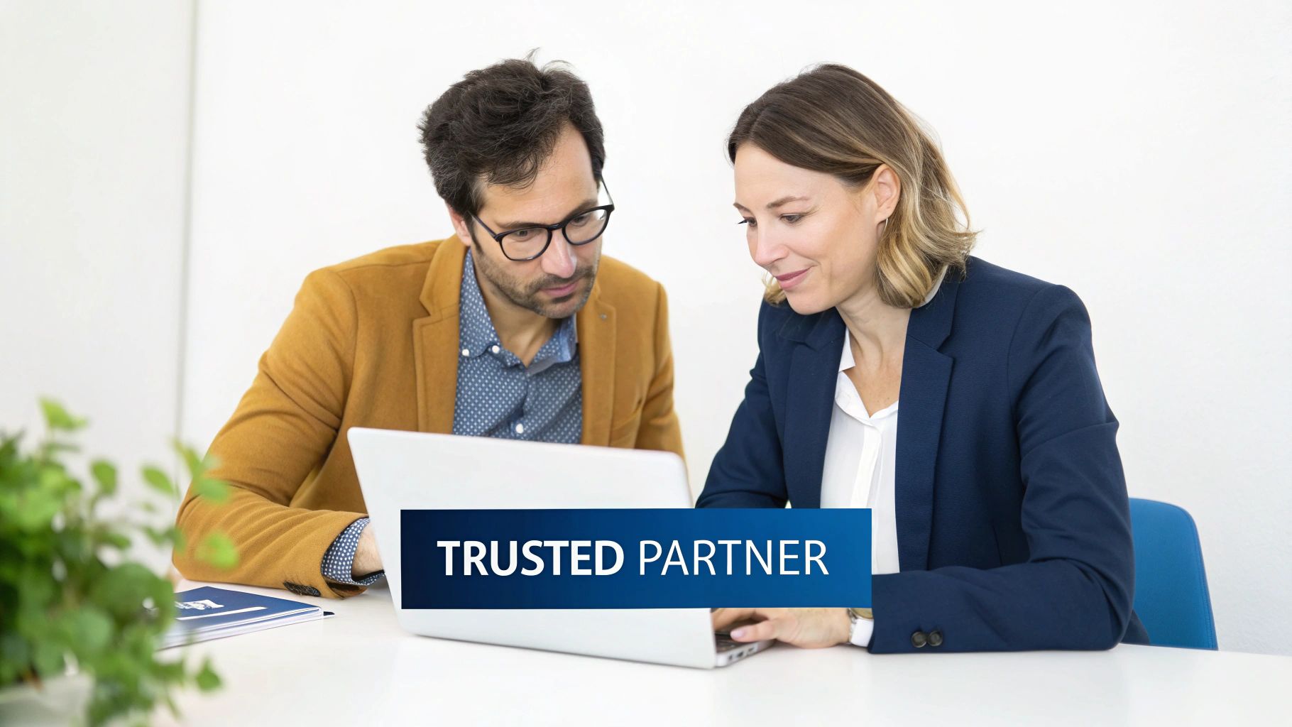 Two business professionals, a man and a woman, collaborating on a laptop, labeled "TRUSTED PARTNER".