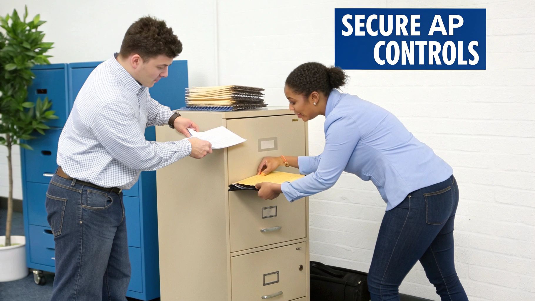 Two employees are collaboratively filing documents into an office cabinet, emphasizing secure AP controls.