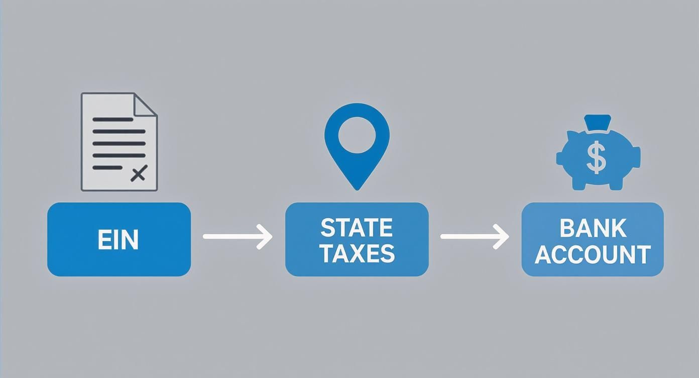 A flowchart illustrating the steps: EIN, State Taxes, and Bank Account with respective icons.