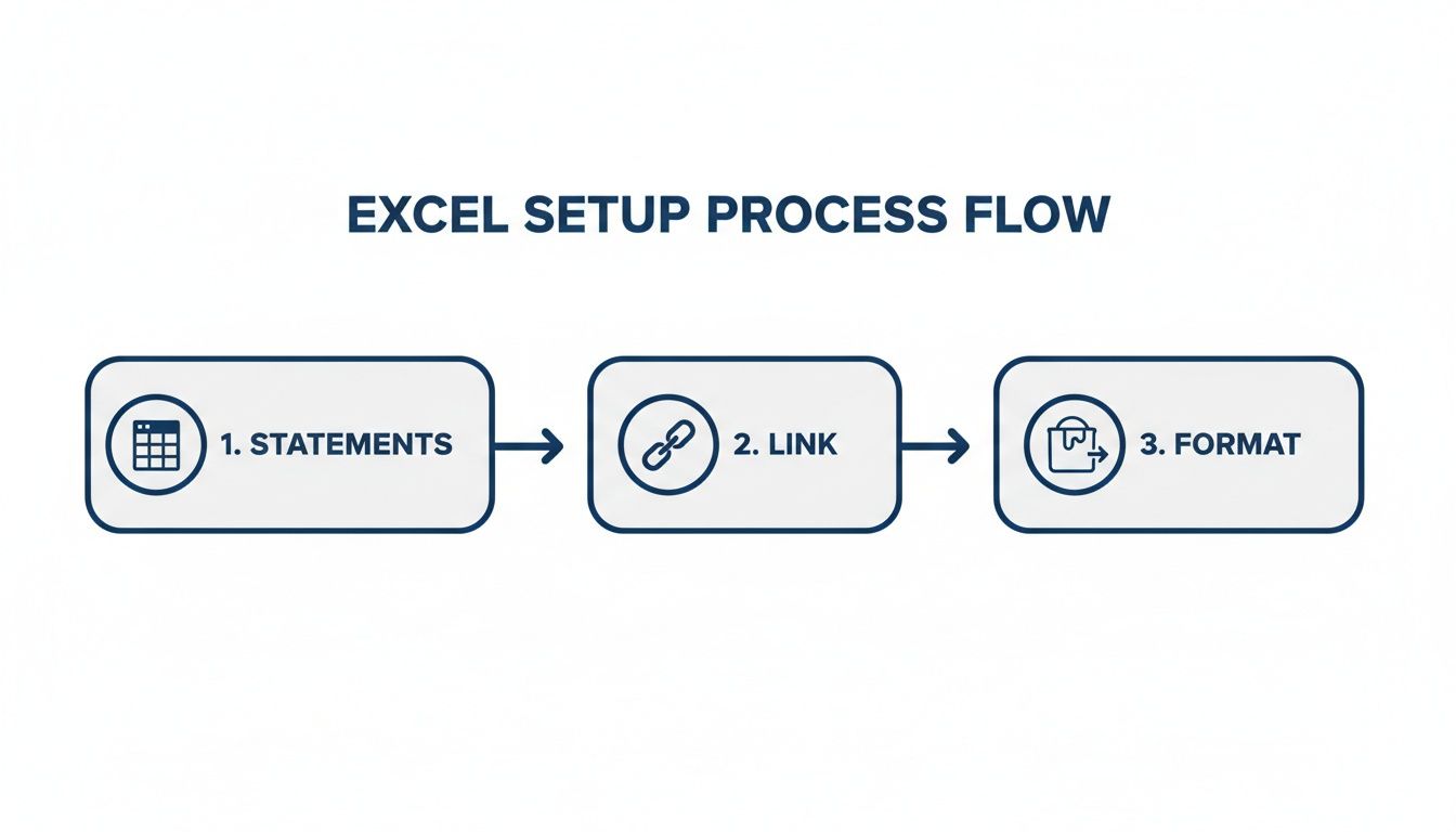 An Excel setup process flow chart showing three steps: Statements, Link, and Format.