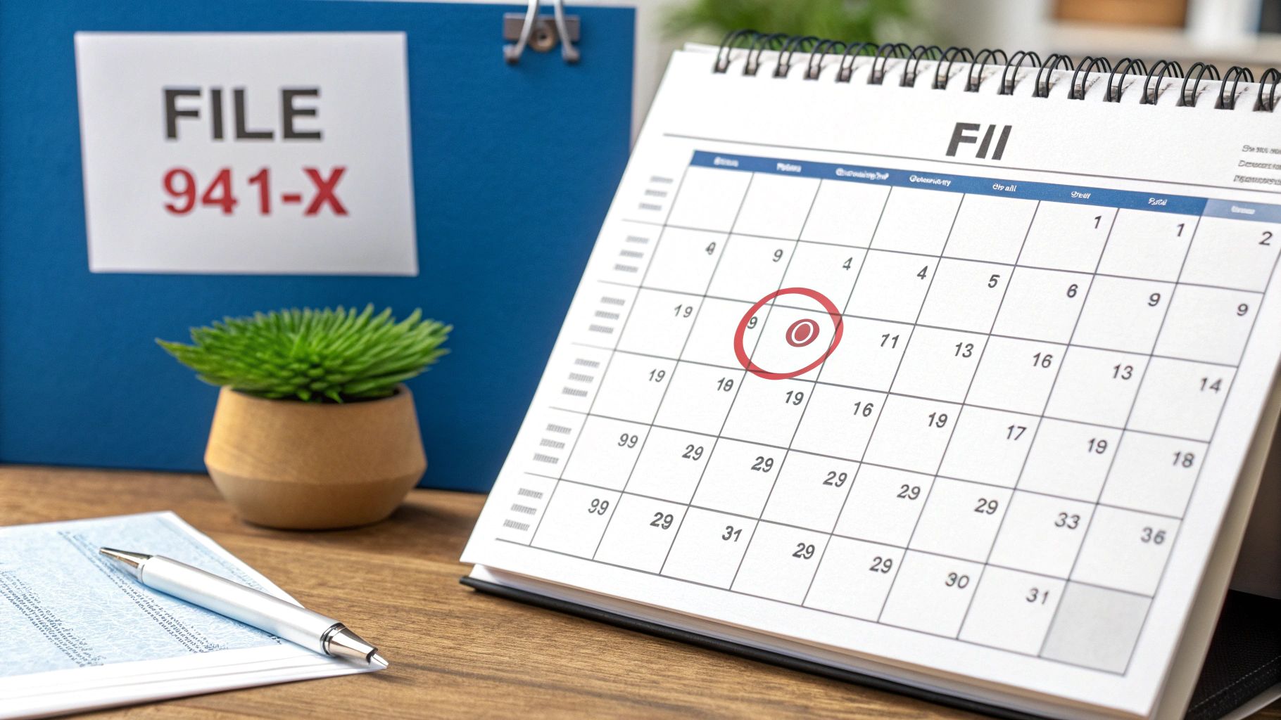 A desk setup with a 'FILE 941-X' folder and a calendar with a circled date, symbolizing tax deadlines.