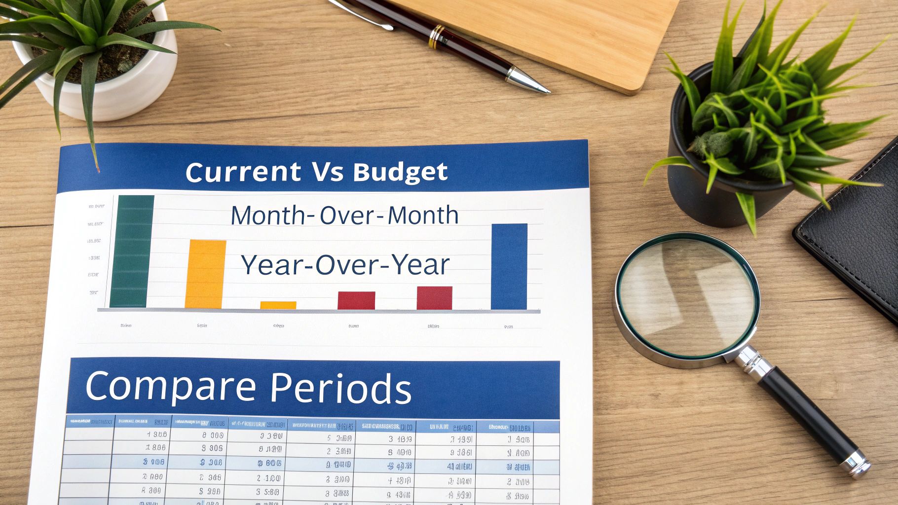 Financial report titled 'Current Vs Budget' showing charts and data on a wooden desk.