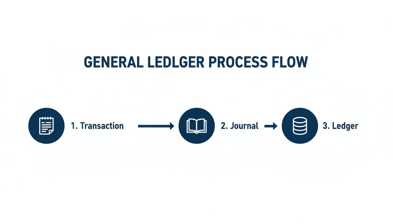 A diagram illustrating the general ledger process flow, showing transaction, journal, and ledger steps.