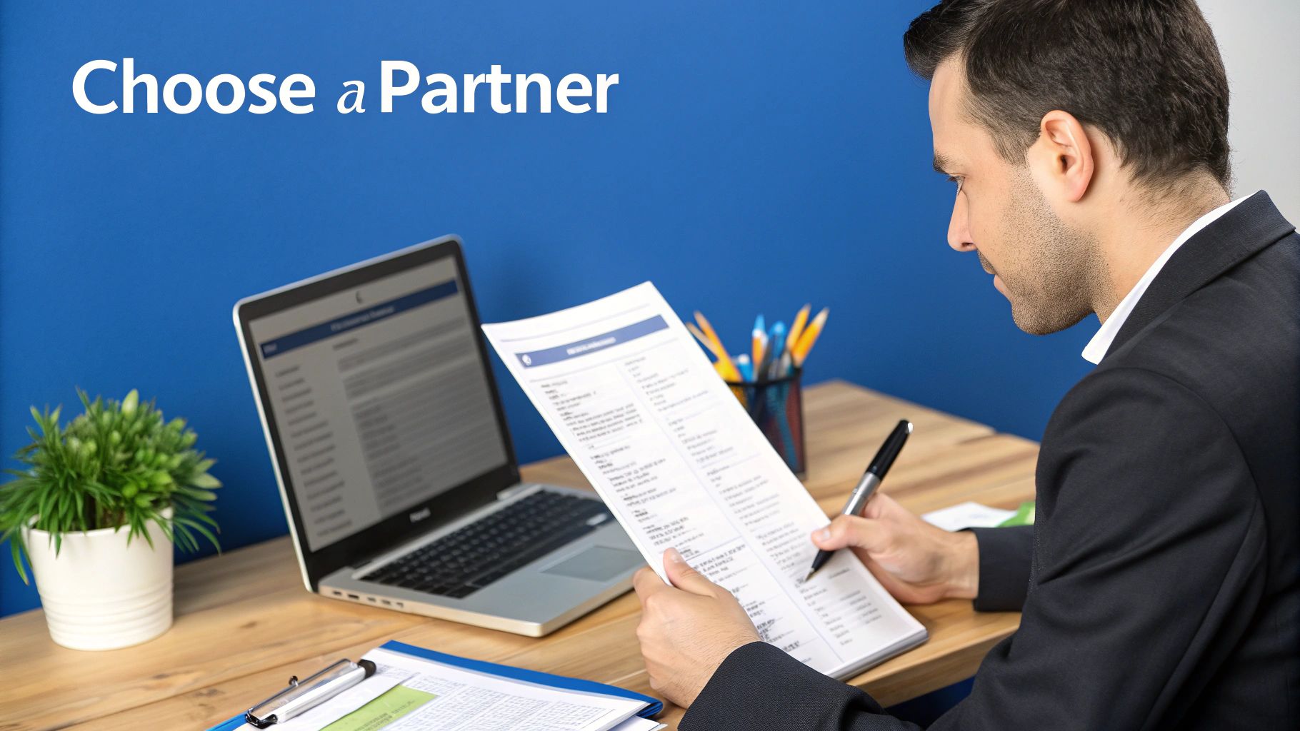 A man in a suit reviews a document at a wooden desk with a laptop, plant, and pens. Text: Choose a Partner.