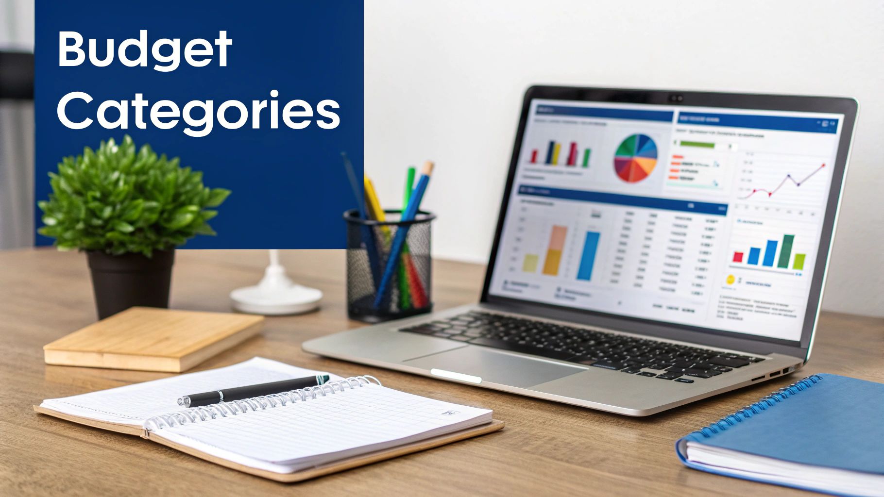 A desk with a laptop displaying financial charts and text "Budget Categories" on a blue background.