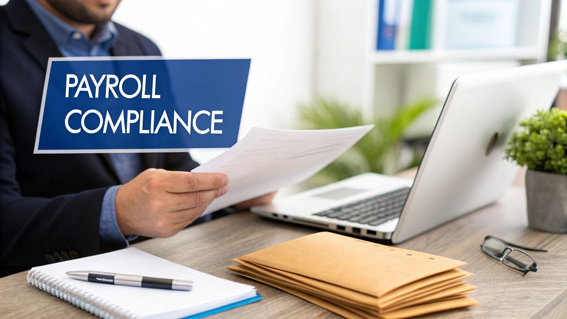 A person reviews documents at an office desk with a laptop, highlighting payroll compliance.