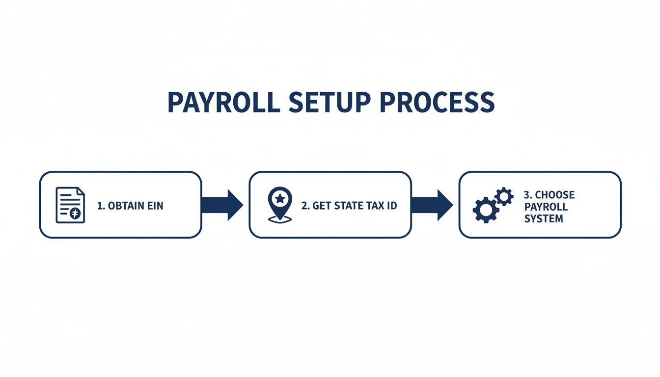 A flowchart illustrates the three-step payroll setup process: Obtain EIN, Get State Tax ID, and Choose Payroll System.
