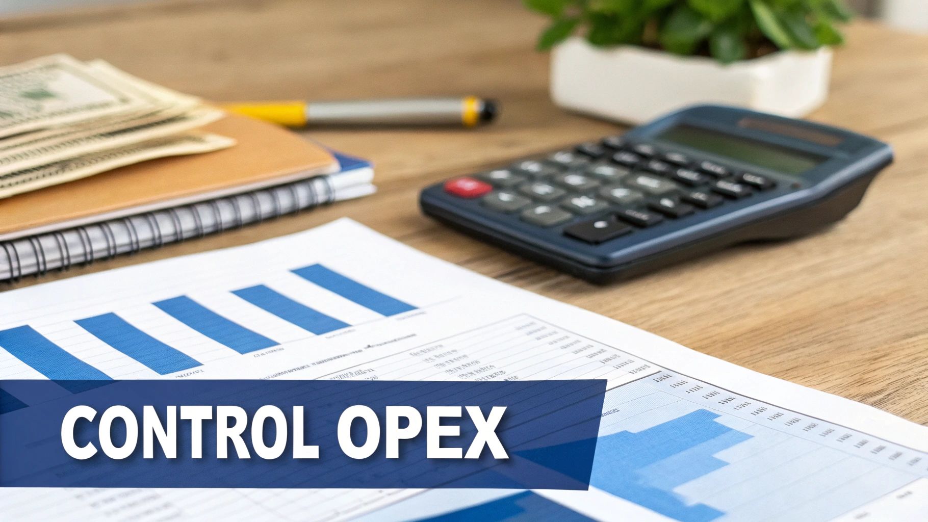 A desk with financial reports showing blue bar graphs, a calculator, cash, and the text 'CONTROL OPEX'.