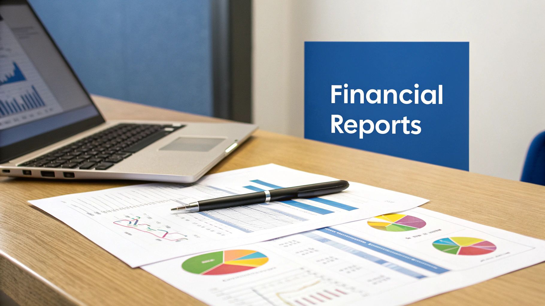 Laptop, financial reports with charts and a pen on a wooden desk, with a 'Financial Reports' sign.