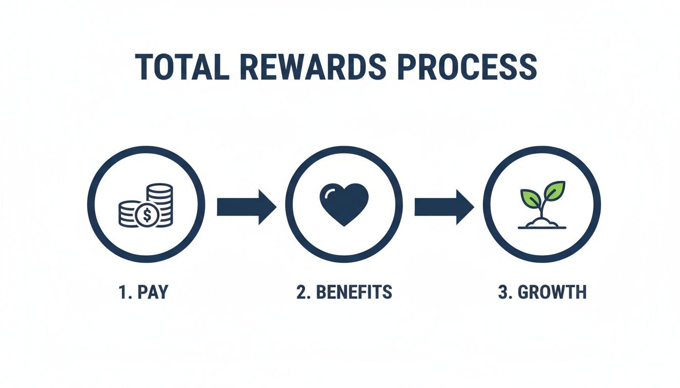 A diagram illustrating the total rewards process with three steps: Pay, Benefits, and Growth.
