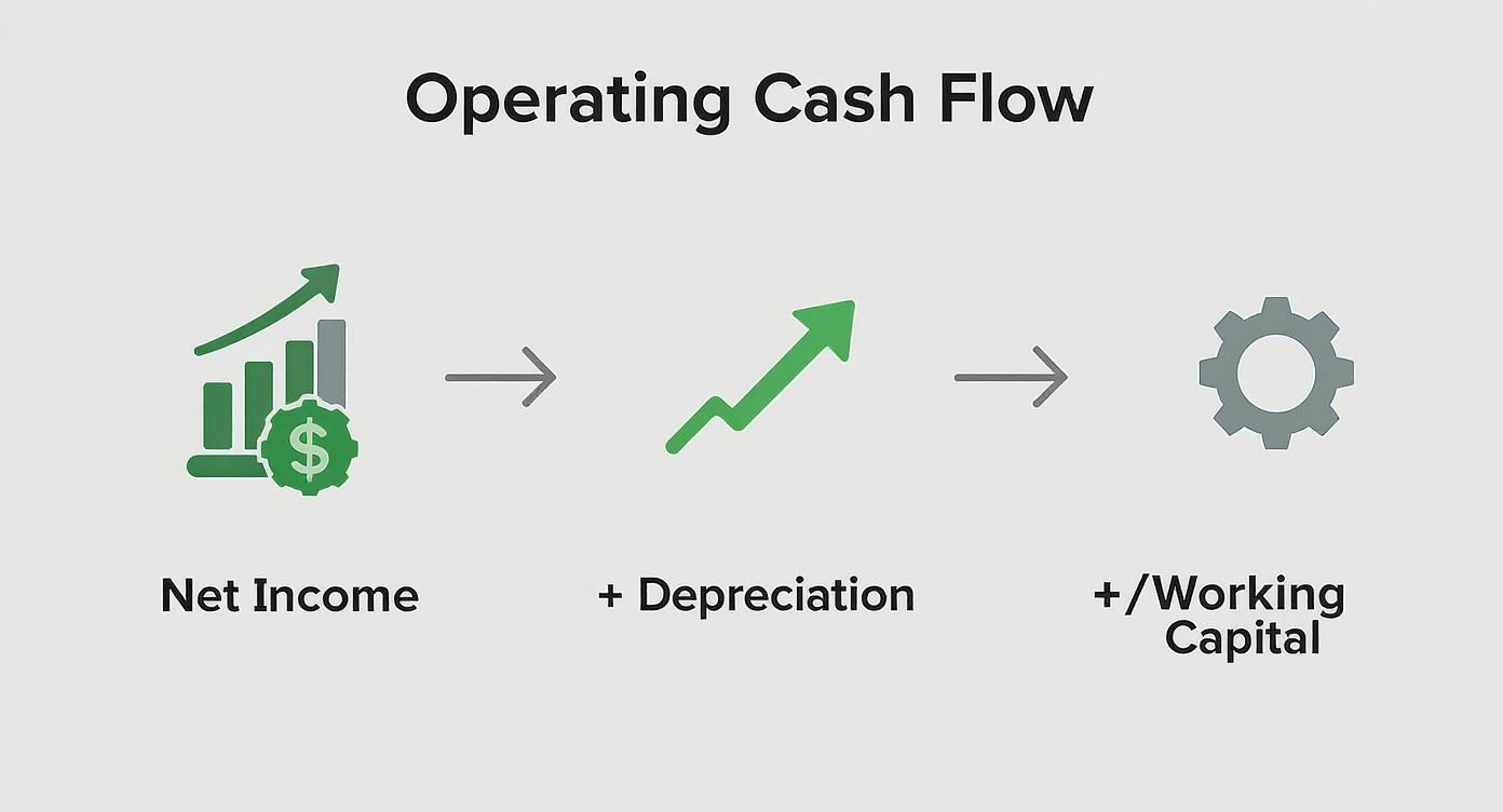 Diagram showing the step-by-step calculation of operating cash flow from net income.