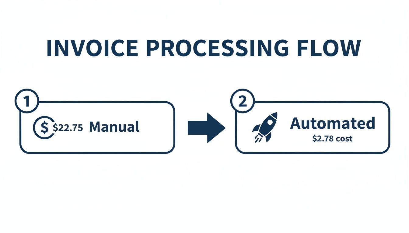 An infographic illustrating an invoice processing flow from manual ($22.75) to automated ($2.78 cost).