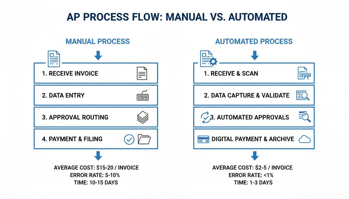 Flowchart comparing manual and automated accounts payable processes, highlighting steps, costs, error rates, and time.