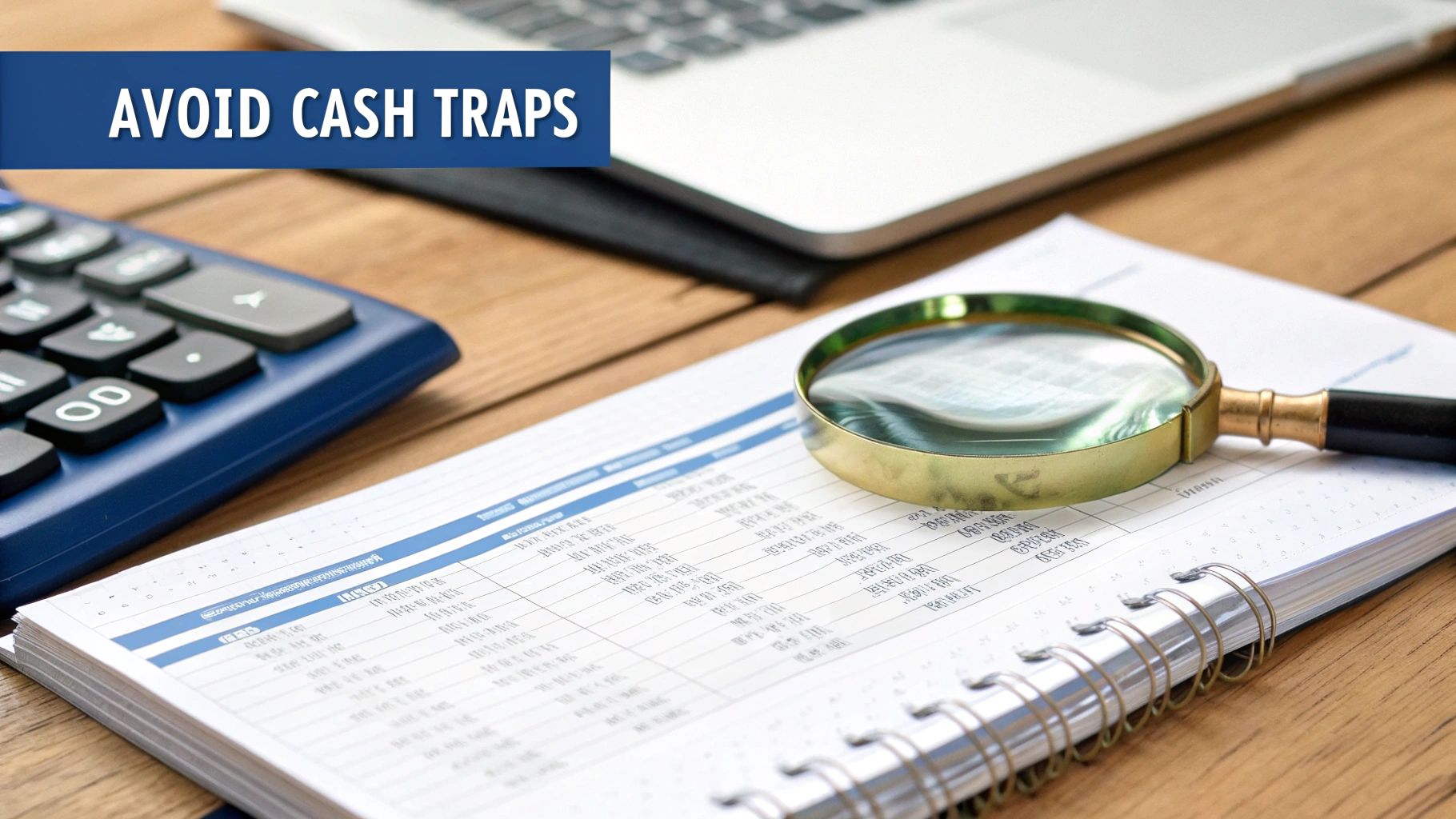 A calculator, magnifying glass, and financial documents on a desk with a laptop, highlighting 'AVOID CASH TRAPS'.