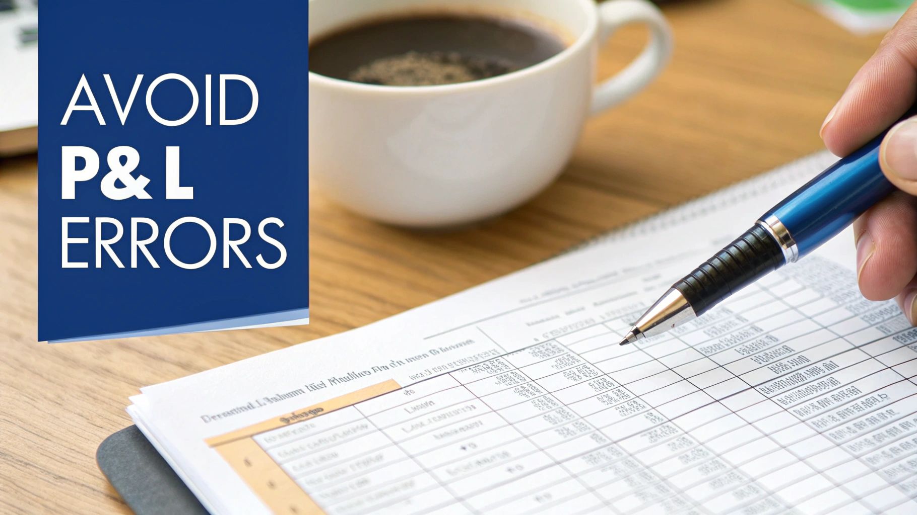 A hand with a pen reviewing a financial document, with a 'AVOID P&L ERRORS' sign and coffee.