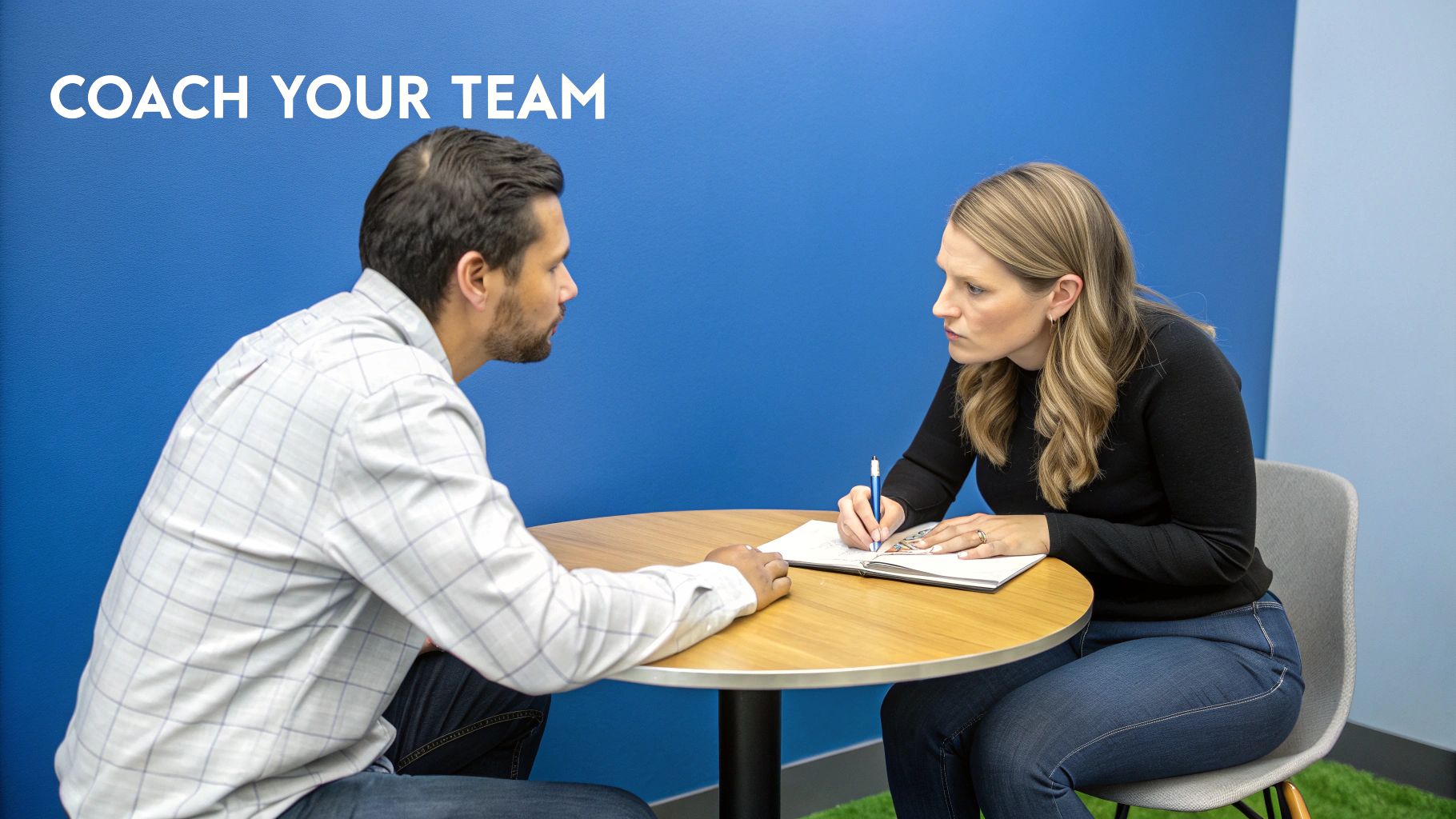 A woman coaches a man at a table, writing notes in a book during a team meeting.