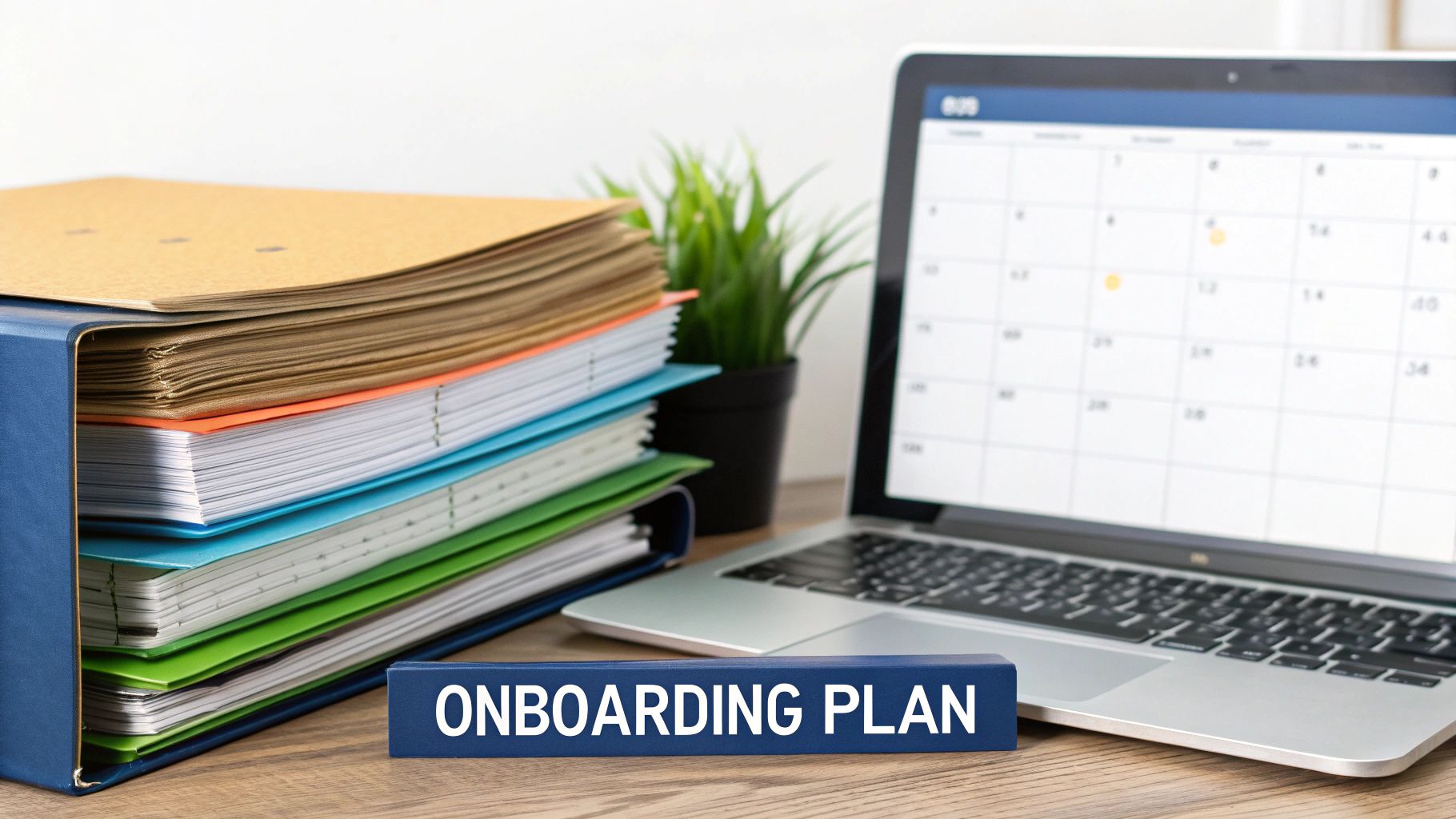 Employee onboarding plan document with colorful binders, laptop showing calendar, and office supplies on desk