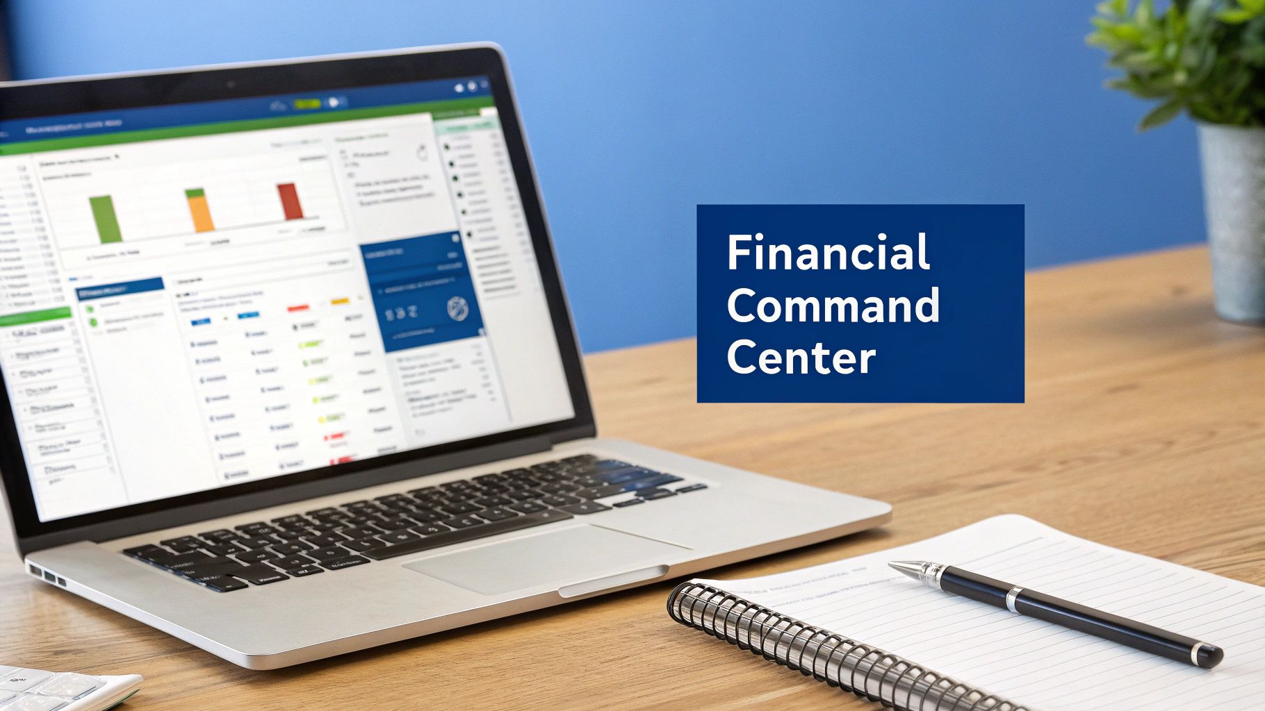 A laptop displays a financial dashboard with charts and data, alongside a notebook, pen, and a plant. Text reads 'Financial Command Center'.