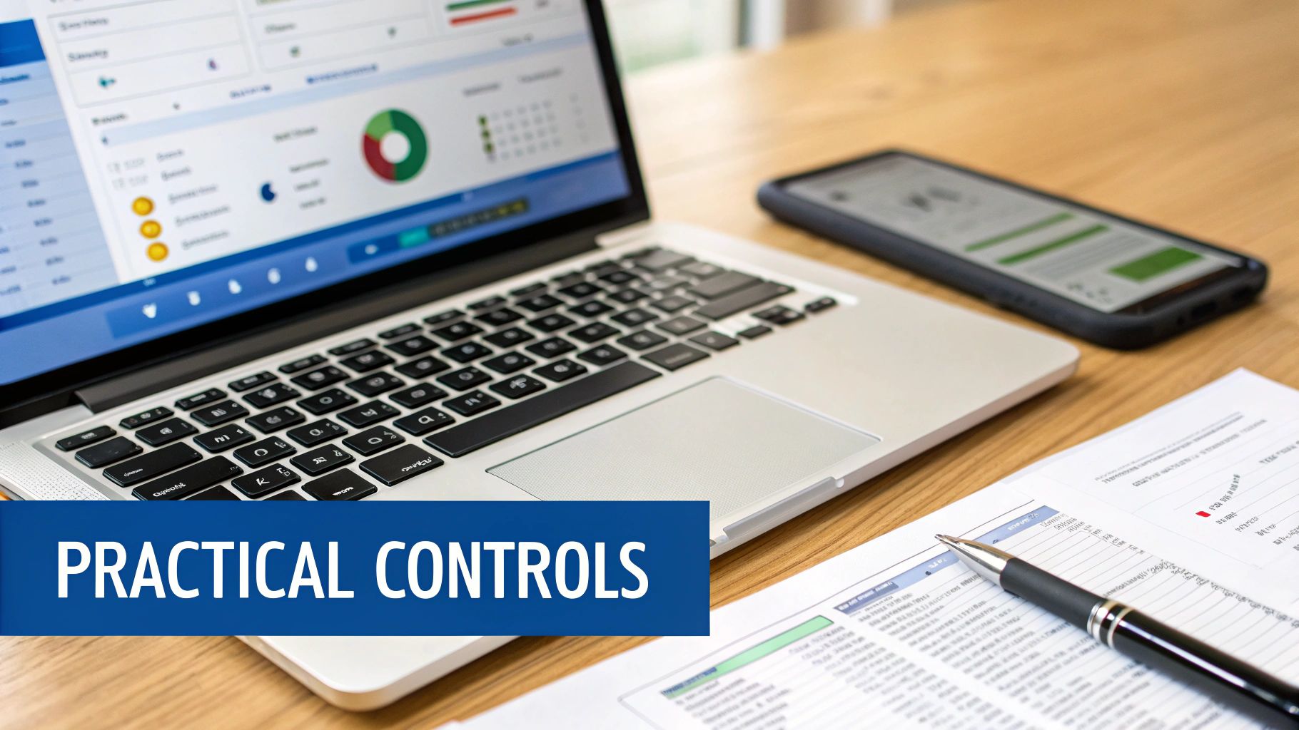 Laptop displaying financial charts, smartphone, and documents on a desk with a 'PRACTICAL CONTROLS' banner.